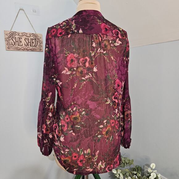 Kut from the Kloth Purple Floral Semi Sheer Long Sleeve Boho Top Womens Large - Picture 3 of 15